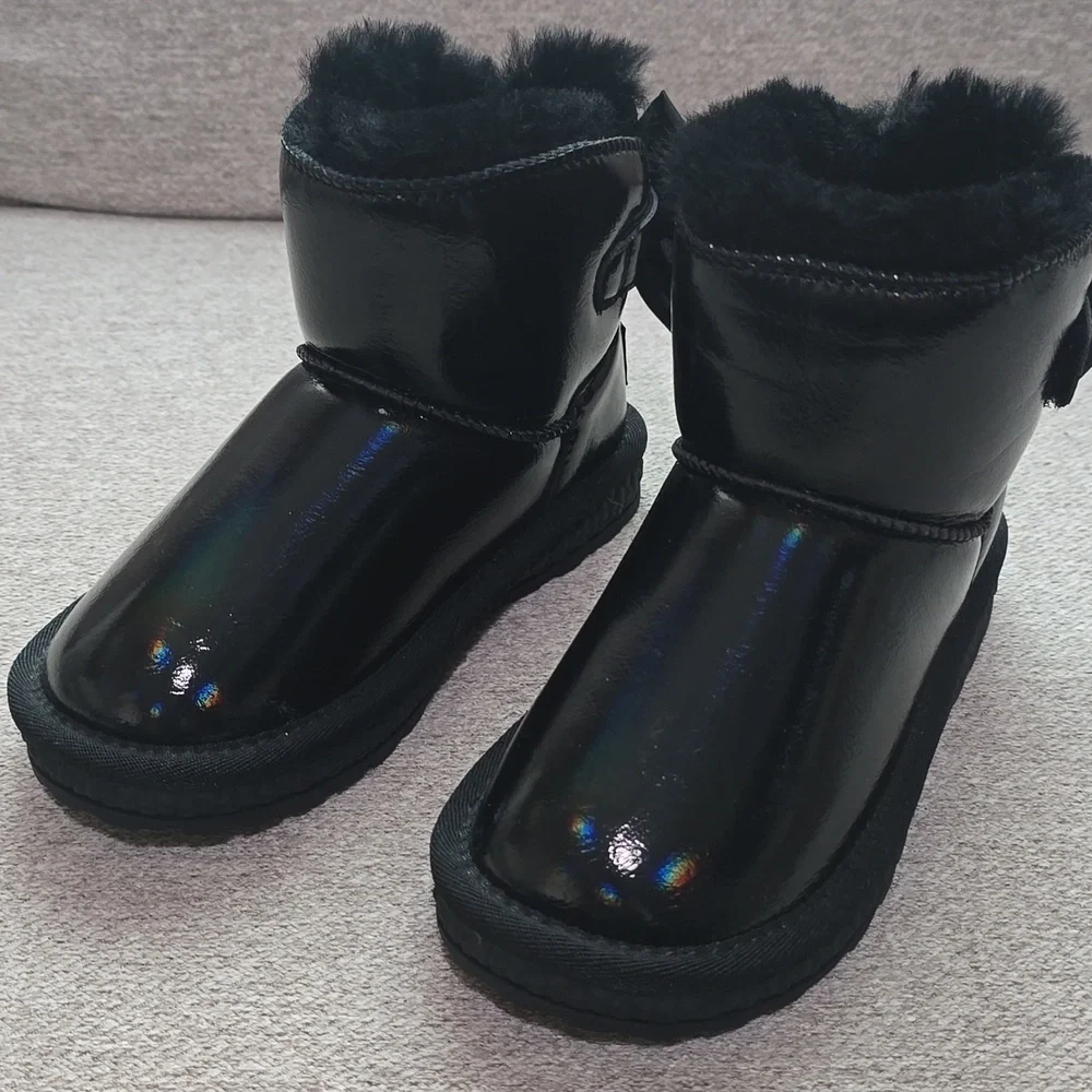 Metallic Black Faux Fur Rhinestone Tassel Bow Boots